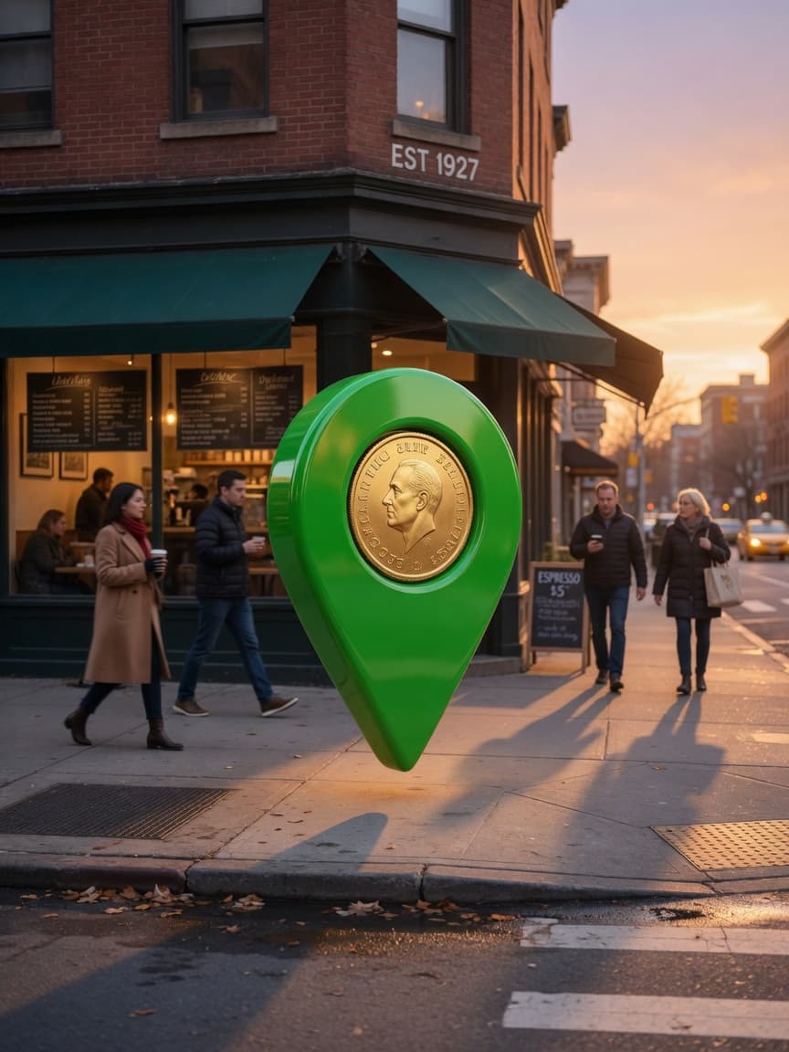 A MEMEGO drop floating outside a coffee shop